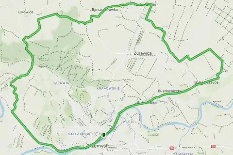 Mapa z zaznaczoną zieloną pętlą - forteczna trasa rowerowa wokół Przemyśla.