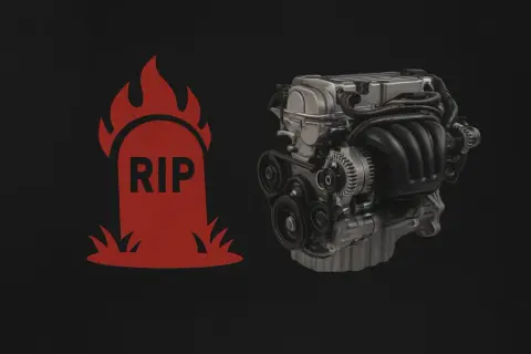 Lápida roja con "RIP" y un motor de coche, quizás el fin del turbo atmosférico.