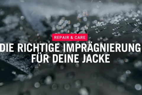 Wassertropfen auf Stoff. Text: "Die richtige Imprägnierung für deine Jacke". So machst du deine Jacke wasserdicht.