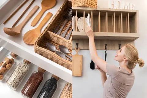 Organizar cocina: cajón con utensilios de madera y frascos de legumbres, y mujer colocando platos en estante.