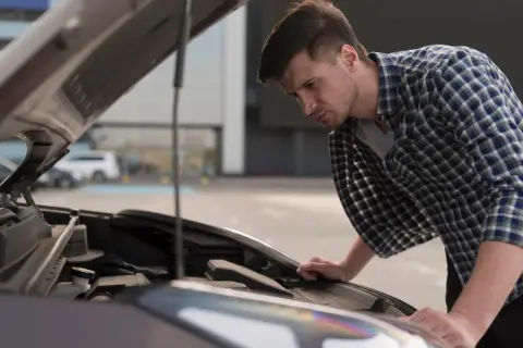 Mężczyzna pochyla się nad otwartą maską Hyundai i20, przygotowując się do wymiany żarówki mijania.