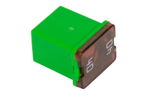 Zielony bezpiecznik samochodowy z oznaczeniem 40 amp. To nie jest kryptowaluta AMP, lecz element elektryczny.