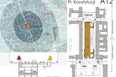Mapa pokazuje zasięg 5 i 10 minut od stacji metra M1 Pl. Konstytucji. Obok schemat węzła z ulicami Marszałkowską, Wilczą i Koszykową.