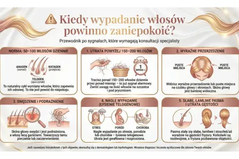 Nadmierne wypadanie włosów: utrata ponad 150-200 dziennie, przerzedzenie, łamliwość, swędzenie skóry głowy.