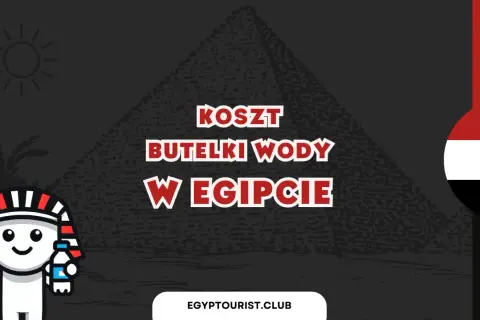 Urocza postać w stroju faraona trzyma butelkę wody, a grafika pyta: "Koszt butelki wody w Egipcie".