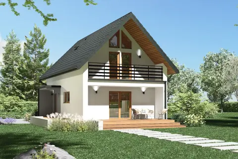 Nowoczesny dom z tarasem i balkonem, otoczony zielenią. Idealne gotowe domy pod klucz do 300 tys. dla Twojej rodziny.