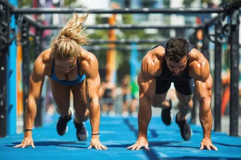Para, czy crossfit pomaga schudnąć? Dwóch muskularnych sportowców wykonuje pompki na zewnątrz.