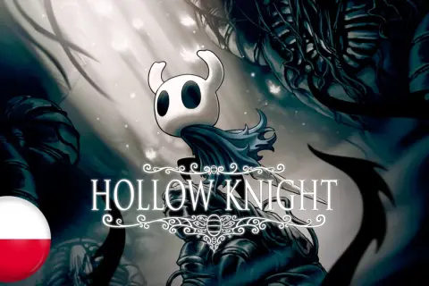 Postać z Hollow Knight na tle mrocznego świata. Obok polska flaga, sugerująca polskie spolszczenie gry.
