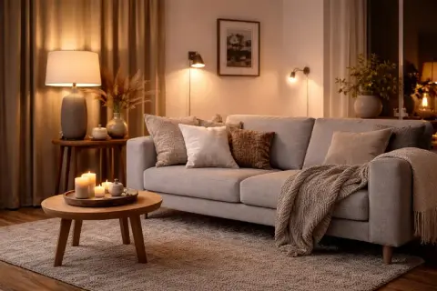 Mysig soffa med kuddar och pläd. En golvlampa bakom soffan ger ett varmt sken. Ljus och dekorationer på soffbordet.