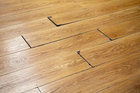 Suelo de madera con tablas levantadas, revelando un oscuro moho negro debajo.