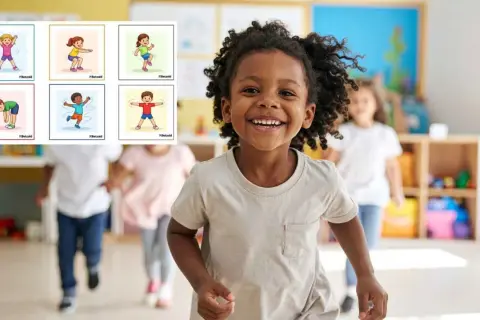 Fröhliche Kinder in einem Klassenzimmer, umgeben von Illustrationen für **Bewegungsspiele Grundschule**.