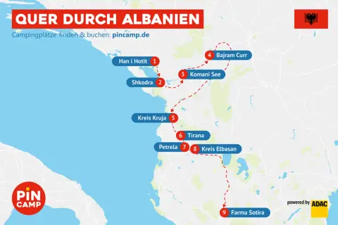 Karte zeigt eine albanien rundreise auf eigene faust mit 9 Stationen, von Han i Hotit bis Farma Sotira.