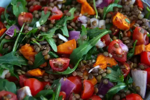 Salade colorée de lentilles vertes, tomates cerises, oignons rouges et roquette. Un plat sain et savoureux.