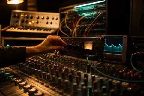 Hand am Mischpult stellt Sidechain-Kompression ein, während ein Oszilloskop die Wellenform anzeigt.