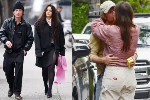 Rosalía y Jeremy Allen, capturados en dos momentos: paseando juntos y compartiendo un tierno beso.