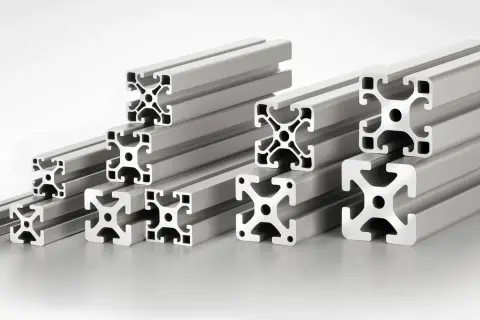 Una serie di profili in alluminio con sezione a croce, ideali per creare strutture portanti resistenti e versatili.