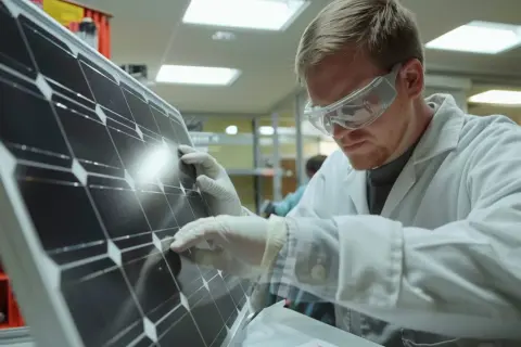 Naukowiec w okularach ochronnych bada ogniwo słoneczne. To przyszłość energii, być może z wykorzystaniem perowskitów.