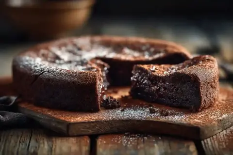 Gâteau au chocolat intense, saupoudré de sucre glace. Une tranche est retirée, révélant sa texture fondante. Parfait pour une recette de black cake.