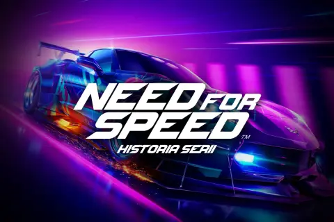 Wyścigowy samochód w neonowych barwach, z napisem "Need for Speed Historia Serii". Poczuj dreszcz emocji wszystkich części Need for Speed!