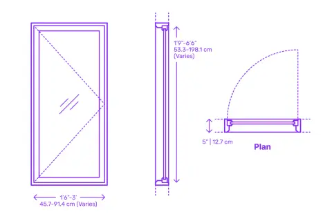Diagrama de medidas estandar ventanas PVC. Muestra dimensiones de ancho (45.7-91.4 cm) y alto (53.3-198.1 cm), además de un corte transversal y vista en planta.
