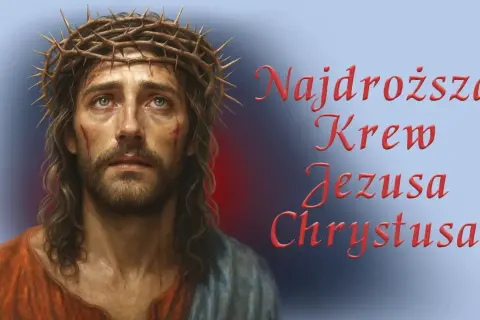 Jezus w koronie cierniowej, z krwawymi ranami. Tekst: "Najdroższa Krew Jezusa Chrystusa". Jakby mamusiu, kiedyś cud się stał.