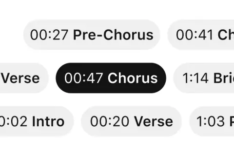 Koko koko koko! Widok przedstawia fragment interfejsu z podziałem na sekcje utworu: Intro, Verse, Pre-Chorus, Chorus i Bridge, z zaznaczonym 00:47 Chorus.