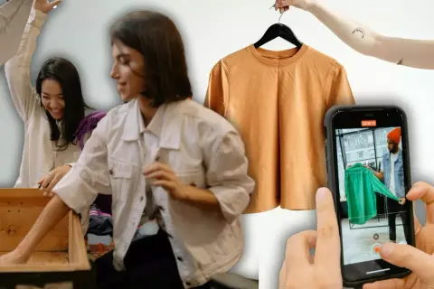 Chicas organizando ropa para vender por internet. Una camiseta naranja cuelga de una percha y un móvil graba a un hombre mostrando una prenda verde.