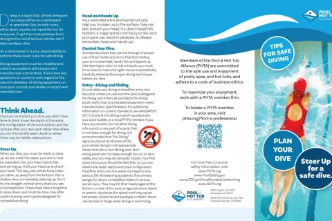 A swimmer in a red suit performs a dive, splashing water. Tips for safe diving are provided.