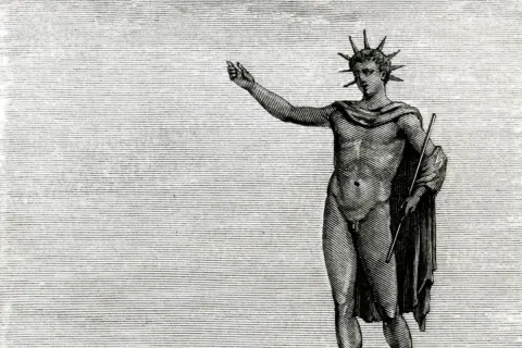 En illustration av Kolossen på Rhodos, ett av antikens sju underverk. Mannen bär en solkrona och en stav.