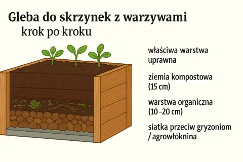 Warstwowa gleba do skrzyń z warzywami: siatka, warstwa organiczna, ziemia kompostowa i warstwa uprawna. Idealne czym wypełnić skrzynie na warzywa.