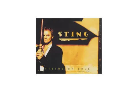 Sting trzymający laskę na tle złotej ściany z napisem "Fields of Gold".
