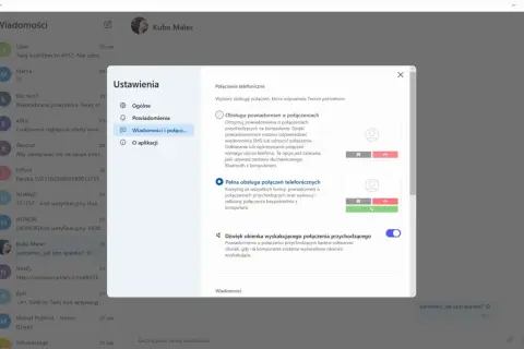Ustawienia połączeń w Intel Unison: wybierz powiadomienia lub pełną obsługę połączeń telefonicznych.