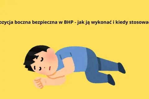 Chłopiec w pozycji bocznej bezpiecznej na żółtym tle. Ilustracja pokazuje, jak prawidłowo ułożyć się w tej pozycji.
