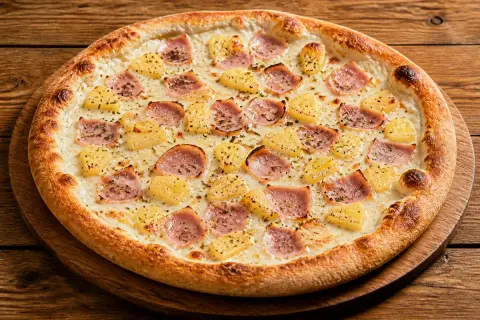 Une délicieuse pizza hawaïenne, garnie de jambon et d'ananas, sur un fond de bois rustique.