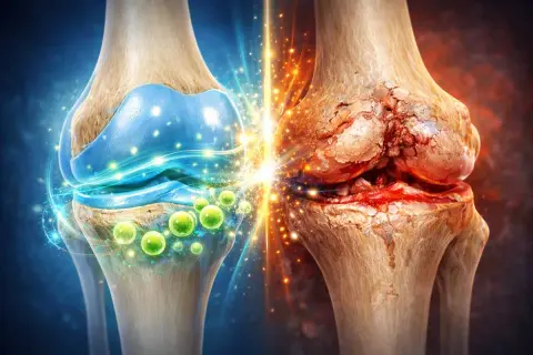 Gesundes Kniegelenk trifft auf stark geschädigtes. Visualisierung von Chondropathie Grad 4 Therapie mit heilenden Elementen.