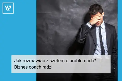 Zestresowany mężczyzna w garniturze, który zastanawia się, jak rozmawiać z szefem o problemach. Biznes coach radzi.