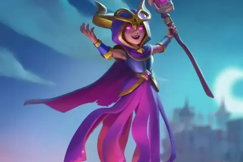 Uśmiechnięta czarodziejka z różdżką, jedna z wielu barwnych clash royale postacie, unosi ręce na tle nieba i miasta.