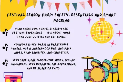 Festival prep tips: what to bring for comfort & safety. Includes essentials like breathable layers, waterproof bags, sanitizer, and closed-toe shoes for a stress-free experience.
