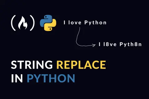 STRING REPLACE IN PYTHON" illustre comment remplacer des caractères. Le logo Python est présent.