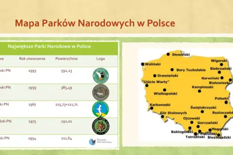 Mapa pokazuje, ile jest parków narodowych w Polsce, z zaznaczonymi największymi i ich lokalizacją.