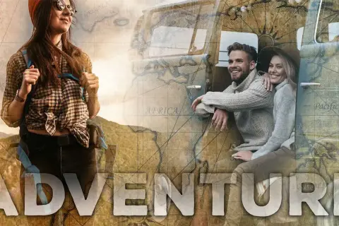 Montage photo Adobe : une jeune femme sac au dos et un couple souriant près d'un van, superposés à une carte du monde ancienne. L'aventure commence !