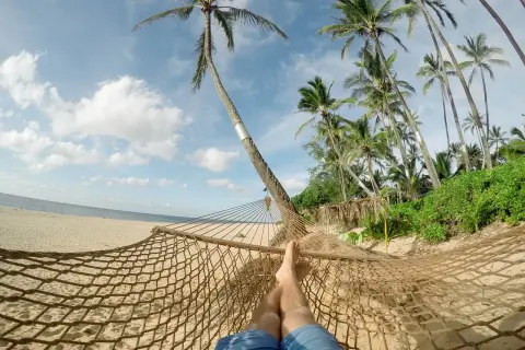 Relaks w hamaku na plaży z palmami. Idealne miejsce na wakacje w listopadzie, gdzie najcieplej.
