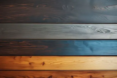 Cinq planches de bois aux teintes variées, du brun foncé au bleu vif, offrant une belle idée déco bois pour un intérieur moderne.