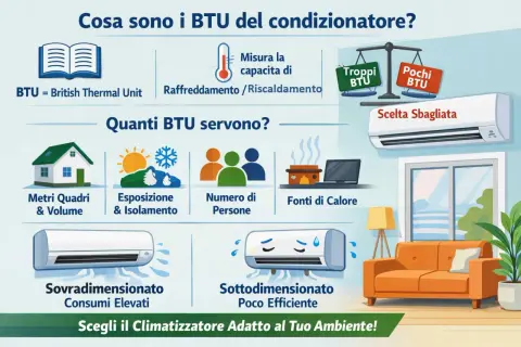 I BTU misurano la capacità di raffreddamento/riscaldamento di un condizionatore. Scegliere i BTU giusti è fondamentale per l'efficienza.
