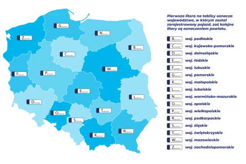 Mapa Polski z literami oznaczającymi województwa i powiaty, klucz do lz rejestracja.