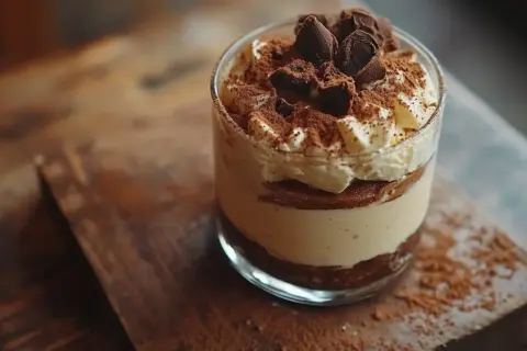 Pyszne tiramisu w szklance, z warstwami kremu, kawy i biszkoptów do tiramisu, posypane kakao i czekoladą.