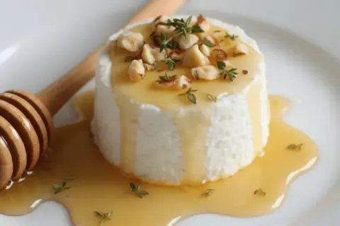 Un délicieux fromage frais faisselle, nappé de miel doré et garni de noisettes et de thym. Un délice !