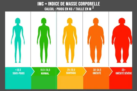Cinq silhouettes féminines illustrent les catégories d'IMC : maigre, normal, surpoids (IMC 29), obésité, obésité sévère.