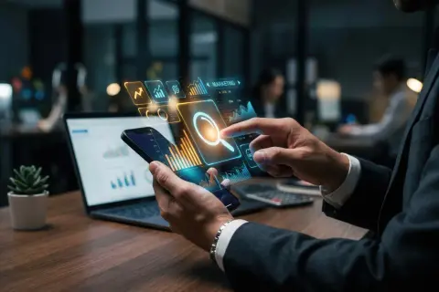 Mann mit Smartphone und Laptop, der die **Immobilien Digitalisierung** mit interaktiven Grafiken und Suchfunktionen vorantreibt.