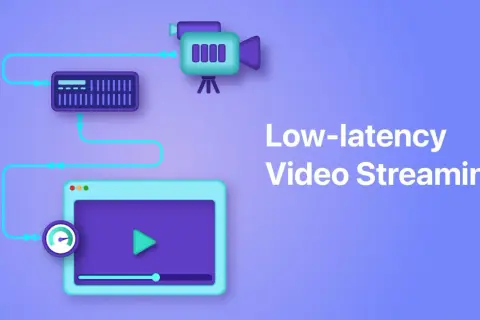A camera feeds into a server, which then sends data to a player for low-latency video streaming.